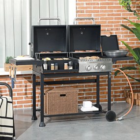 Outsunny Gázgrill, hőmérővel és melegen tartó tányérokkal, fekete és ezüst