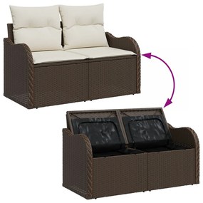 6 Darabos Kert Kanapészett Párnákkal Barna Poli Rattan, 2 Személyes Kert Kanapé Tárolóval &amp; Párnákkal Barna Poli Rattan