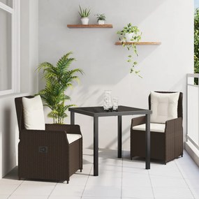 3 Részes Kerti Étkezőszett Barna Polirattan, Kerti Asztal Fekete 80x80x73 cm Edzett Üveg