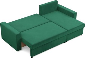 Zeus sarokkanapé, 2 ágyneműtartóval, egyenes kartámasz, bársony, univerzális oldal, bonell töltet, zöld