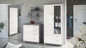 Mazzoni SIMPLE bútorkollekció Millenium Beton/Fehér Fényes - VITRINES SZEKRÉNY FALI POLC KOMÓD NAPPALIBA