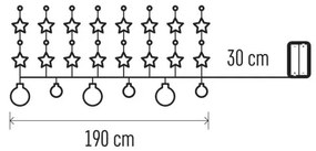 LED karácsonyi fényfüzér – arany gömb csillagokkal, 1,9m, 2xAA, beltéri, meleg fehér, idő.