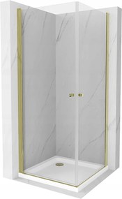 Mexen Pretoria Duo, zuhanykabin 2-szárnyú ajtókkal 70 (ajtók) x 70 (ajtók) cm, 6mm átlátszó üveg, arany profil + zuhanytálca, 852-070-070-50-02-4010G