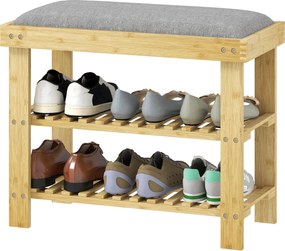 HOMCOM Bambusz Cipőpad 2 Polccal és Párnázott Üléssel 6 Pár Cipőhöz Előszobába vagy Hálószobába 60x29x49 cm Természetes és Szürke | Aosom