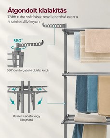 SONGMICS 4 szintes összecsukható ruhaszárító állvány, 3 szárítószinttel, cipőtartóval és görgőkkel, 126 x 64 x 172 cm, max. 35 kg, szürke
