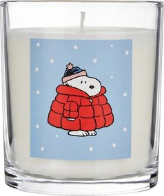 PEANUTS gyertya üvegben 9cm , Snoopy kabátban