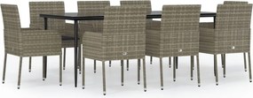 vidaXL 9 részes fekete és szürke polyrattan kerti étkezőszett párnával