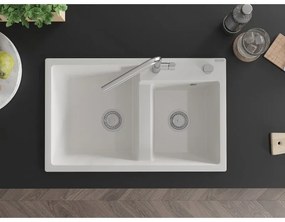 Mexen Tomas, 2 kamrás gránit mosogató 800x500x190 mm és Flora mosogató csaptelep, fehér, 6516-20-670401-00