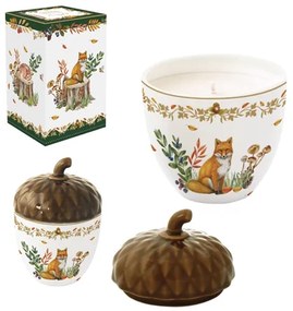 Forest Dream őszi gyertya porcelán tálkában fedővel 8,5x12 cm