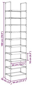 fekete nem szőtt szövetből cipőállvány 10 szintes 44x28x180 cm
