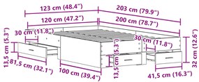 Ágykeret Fiókokkal Fekete Tölgy 120x200 cm Műanyag Fa