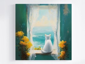 Poszter Impresszió Ablak Kilátás Tenger Fehér Macska Virágok 80x80