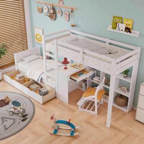 Emeletes ágy, gyerekágy Íróasztal Fiók Polc Fehér 90x200cm fenyő
