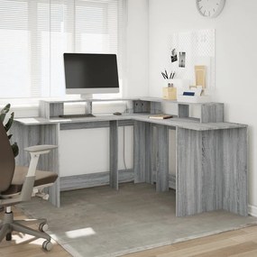 szürke sonoma színű szerelt fa LED-es íróasztal 152x152x91 cm