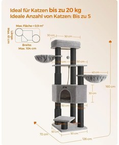 Kaparó oszlop, nagy teherbírású macskatorony, önmelegedő párnákkal, szürke és fekete