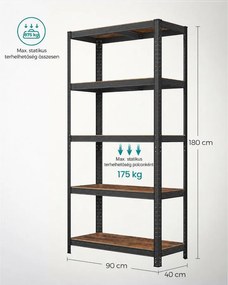 Nagy teherbírású tárolópolc, 5 állítható polccal, 875 kg teherbírás, 90 x 40 x 180 cm, rusztikus barna/fekete