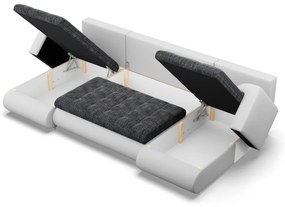 Tokio U alakú sarokkanapé, 3 ágyneműtartóval, fonott + műbőr, univerzális oldal, sötétszürke - fehér