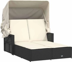 vidaXL fekete polyrattan dupla napozóágy tetővel és párnával