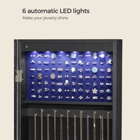 Fali ékszerszekrény, tükrös szekrény 6 led izzóval, fekete