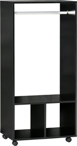 HOMCOM Görgős Szekrény, Nyitott Designú Szekrény Akasztós Rendszerező Polcokkal Hálószobai Ruhákhoz 60x40x128 cm Fekete | Aosom