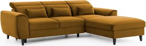 Sárga bársony kinyitható-tárolóhelyes sarokkanapé (jobb oldali-heverő résszel) Foble – ELTAP