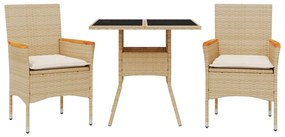 vidaXL 3 részes bézs polyrattan/üveg kerti étkezőgarnitúra párnákkal