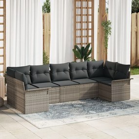 7 darabos Kert Kanapészett Párnákkal Világosszürke Poli Rattan, 2-személyes Kert Kanapé Tárolóval és Párnákkal Világosszürke Poli Rattan