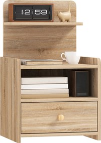 HOMCOM Éjjeli szekrény fiókkal, oldalsó asztal, ágy melletti szekrény nyitott polccal, tárolóval, 40 x 35 x 66 cm, természetes fa | Aosom