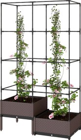 Outsunny fém rácsos emelt virágágyás — nagy kültéri emelt kaspó futónövényeknek, 2 x PP kaspó vízelvezetéssel és dugókkal, 100 x 50 x 174 cm, fekete |