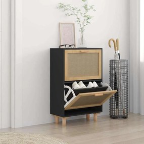 fekete szerelt fa és természetes rattan cipőszekrény 52x25x80cm