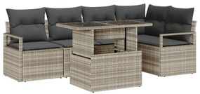 6 Részes Kertibútor Párnákkal Világosszürke Poli Rattan, 2 Személyes Kertibútor Tárolóval és Párnákkal Szürke Poli Rattan