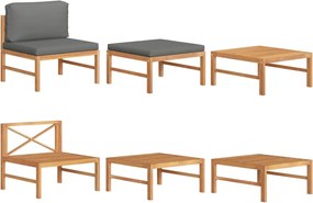 vidaXL 3 részes tíkfa kerti bútorszett sötétszürke párnákkal