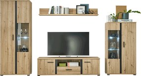 Nappali fal/szekrénysor, artisan tölgy/fekete, KANODE