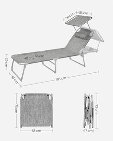 Összecsukható napozóágy napellenzővel 53 x 193 x 29,5 cm, 150 kg-ig terhelhető, Greige