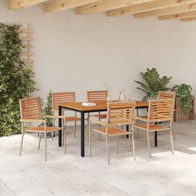 7 darabos kerti étkező szett Bézs poli rattan akácia, Egymásra rakható kerti szék párnákkal - 2 darabos készlet Bézs poli rattanban, Kerti asztal 150x90x75 cm Szilárd akácia fa és fém