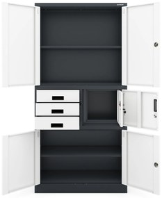 Fém iratszekrény széffel és fiókokkal FILIP II, 900 x 1850 x 400 mm, antracit-fehér