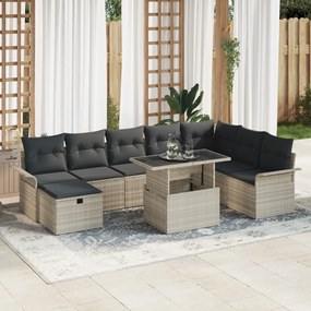 9 Részes Kerti Kanapé Készlet Párnákkal Világosszürke Poli Rattan, 2-Fős Kerti Kanapé Tárolóval és Párnákkal Világosszürke Poli Rattan
