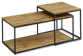 Set masuță de cafea din 2 bucăți, placă MDF, decor stejar salbatic, baza metalica, lac negru