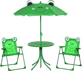 Outsunny Gyermek Kerti Asztal és Szék Szett Piknik Összecsukható Készlet Gyerekeknek Állítható Napernyő 100-125 cm Béka Mintázattal Zöld | Aosom
