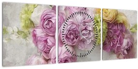 Kép - Virágok a falon pasztell színekben (órával) (90x30 cm)