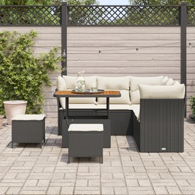 8 darabos Kert Kanapészett párnákkal Fekete Poli Rattan Akác, 3 darabos Kert Étkező Szett párnákkal Fekete Poli Rattan Akác