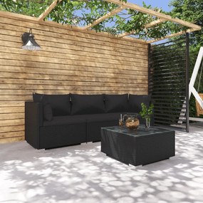 vidaXL 4 részes fekete polyrattan kerti bútorszett párnákkal