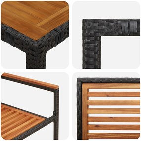 7 Darabos Kert Étkezősor Fekete Poly Rattan Akáccal, Egymásra rakható Kert Székek Párnákkal 2 db Fekete Poly Rattan