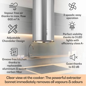 Klarstein Bolea, sziget páraelszívó, Ø 38 cm, recirkulációs/elszívás üzemmód, 600 m³/ó, LED, aktívszén szűrőkkel
