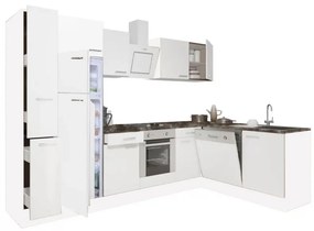 Yorki 310sarok konyhabútor fehér korpusz,selyemfényű fehér front alsó sütős elemmel felülfagyasztós hűtős szekrénnyel