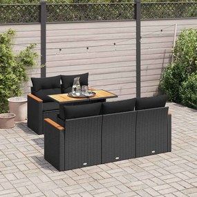 6 részes fekete polyrattan akácfa kerti ülőgarnitúra párnákkal