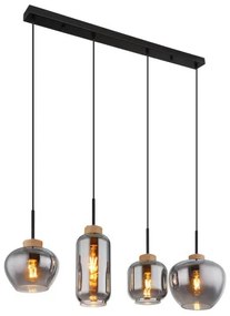 Globo 15549-4H Függeszték fém matt fekete, füstszínű üveg, natúr kender színű, fekete PVC kábel, 4 különböző üvegforma, HxSzxM.: 960x230x1200mm, üveg átmérő: 1x 18,5cm, 12cm, 16cm, 23cm egyenként, nem tartozék: 4x E27 40W 230V