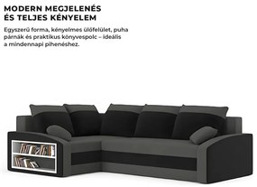 Grande sarokkanapé polcokkal , polc a bal karfaban, baloldali, szövet anyag, hab töltet, szürke - fekete