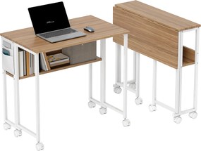 HOMCOM Összecsukható Íróasztal Kerekekkel és Polccal, Kompakt Asztal Tárolózsebbel, Laptop Íróasztal Kiscsoportos Helyekre, Otthoni Iroda 80x50x75 cm,