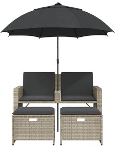 2 személyes polyrattan kerti kanapé napernyővel/székkel